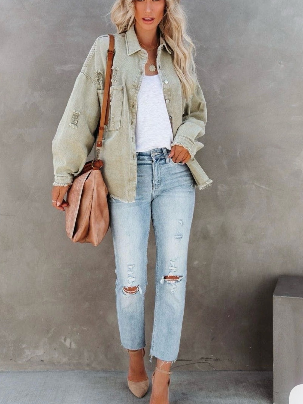 VICI - Thinking Out Loud Cotton Distressed Denim Jacket - Sage